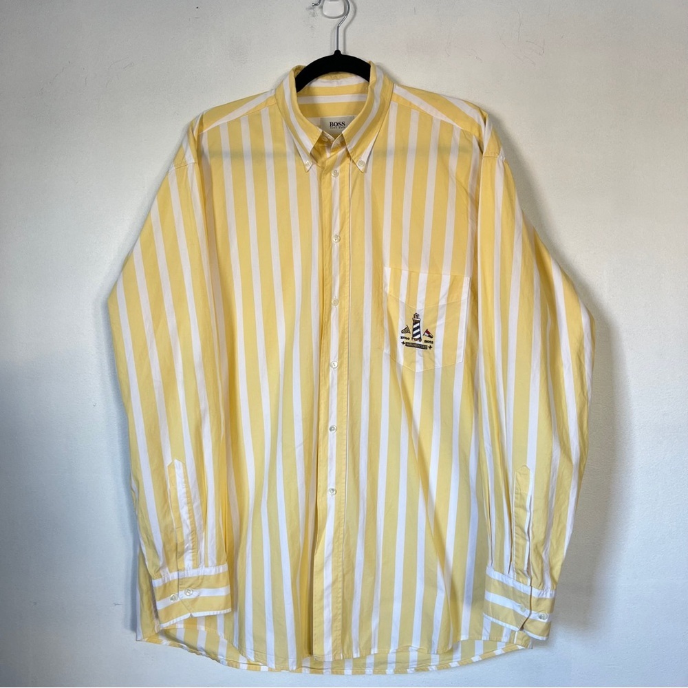 Hugo Boss Mariner Club White Yellow Stripe Long Sleeve Button Down Coastal Large